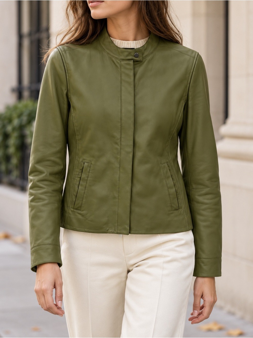 Loro Piana Olive Green Lambskin Leather Jacket Size 38